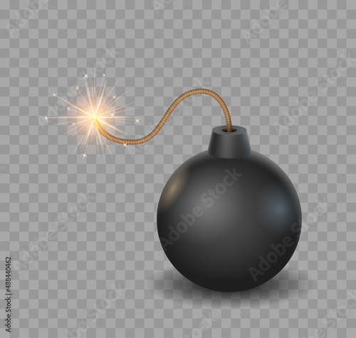 Realistic bomb sphere. Black containers with dynamite and burning wick. Battle equipment for destroy