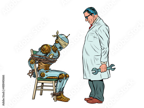 A scientist designer tortures and interrogates a prisoner robot. The robot is tied up and with its eyes closed. Captivity