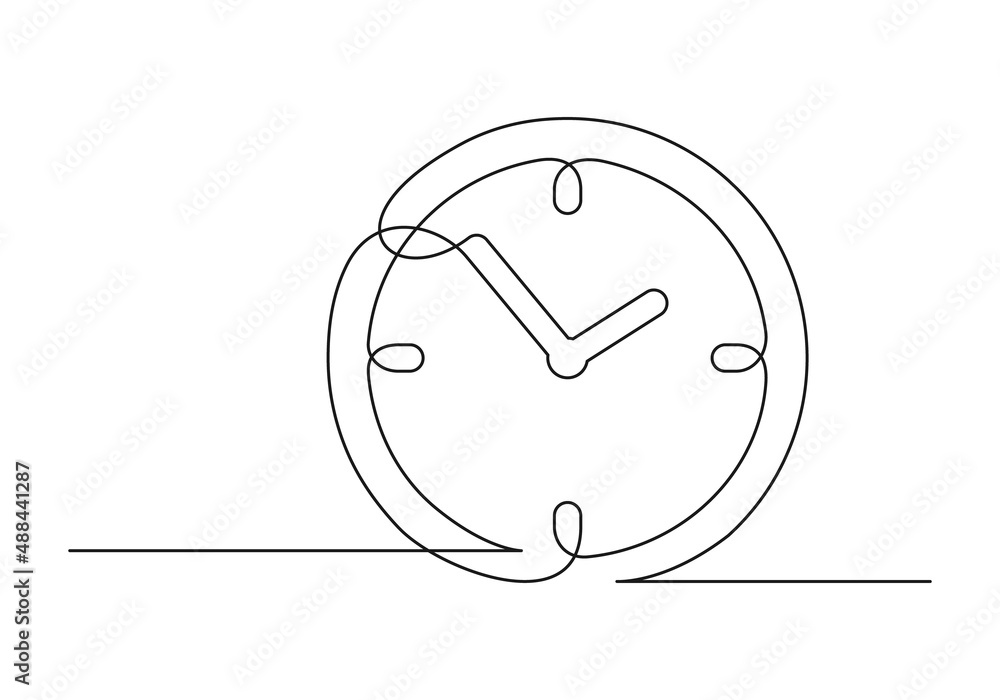 Continuous drawing of one line of an clock.  concept. Clock isolated on a white background