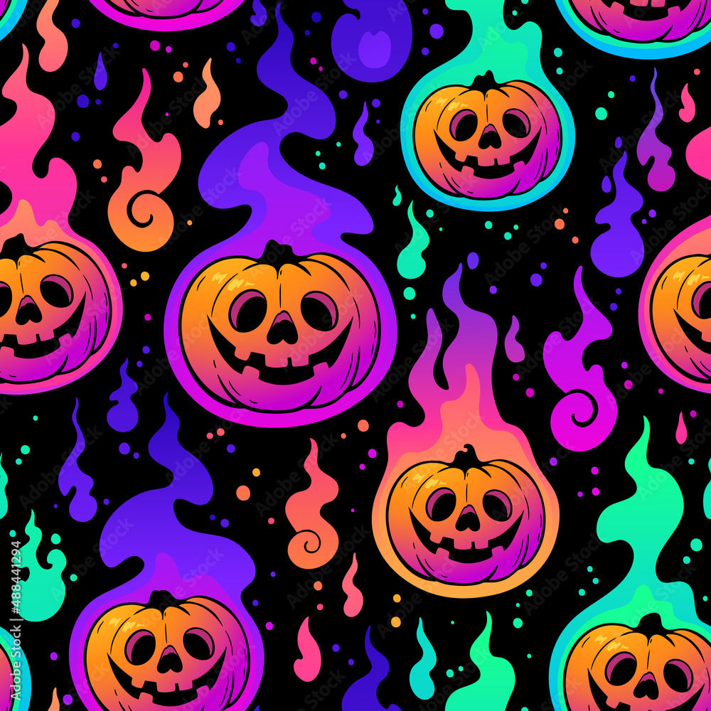 seamless halloween pattern of pumpkins burning with colorful flames