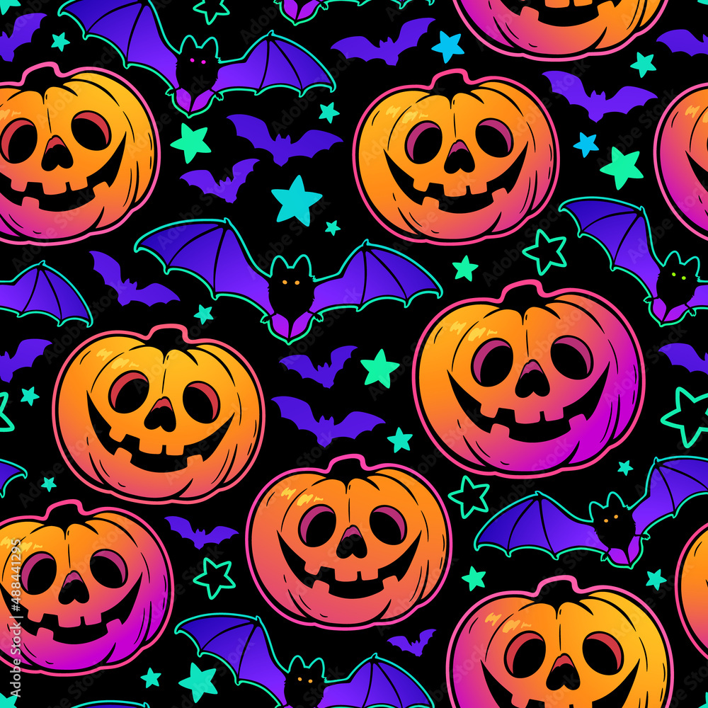 seamless pattern of bright multicolored haloween pumpkins and bats seamless pattern of bright multicolored haloween pumpkins and bats