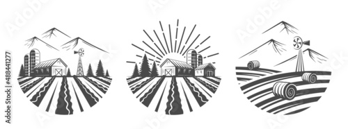 Set of vintage village farm isolated on white background. Vector illustration
