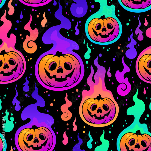seamless halloween pattern of pumpkins burning with colorful flames