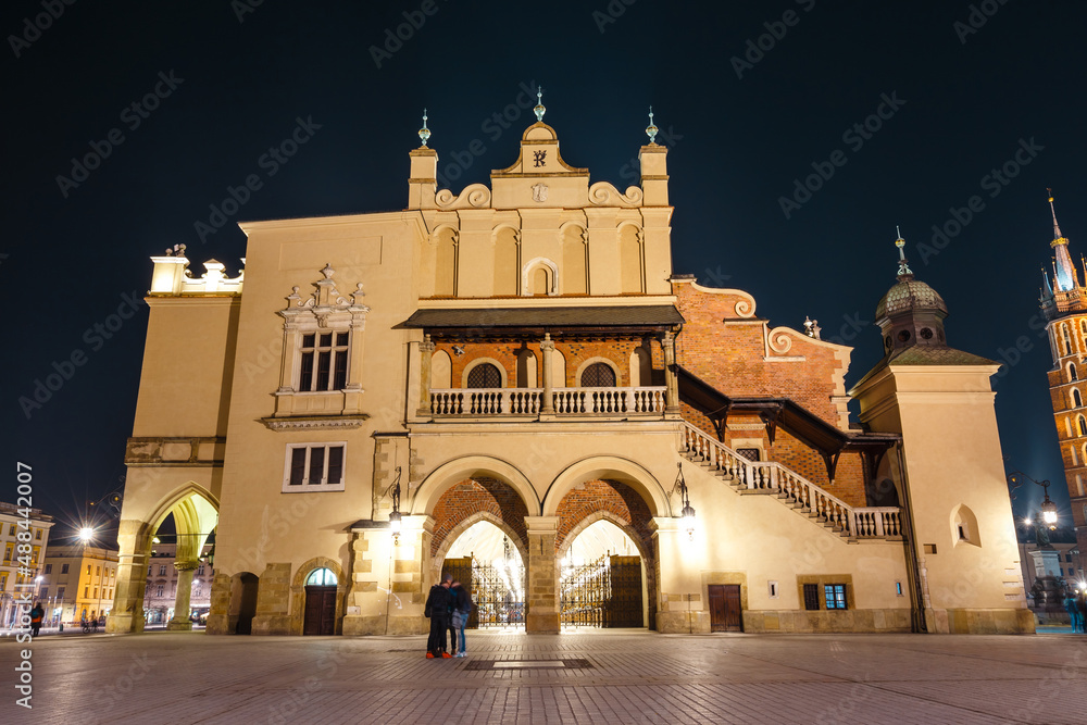 Sukiennice on The Main Market Square in Krakow by night, Poland