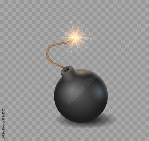 Black bombs set realistic vector illustration. Collection burning fuse glossy explosive dynamite