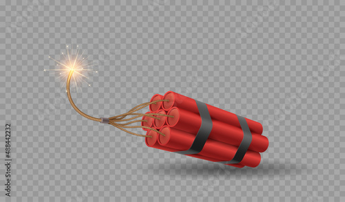 Realistic tnt dynamite sticks with burning fuse. Explosive military weapon firecrackers with wick photo