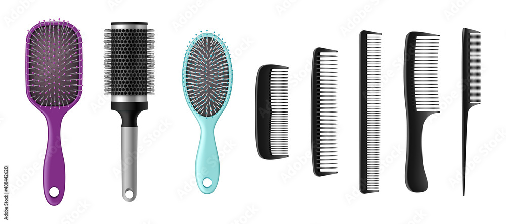 Hairbrushes and combs realistic set. Isolated hair brushes, barber and hairdresser tools - obrazy, fototapety, plakaty 