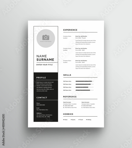 Clean and minimalist resume design | One page black and white cv template