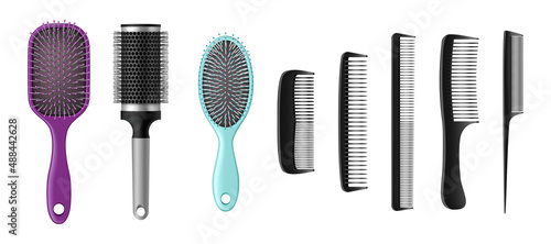 Hairbrushes and combs realistic set. Isolated hair brushes, barber and hairdresser tools