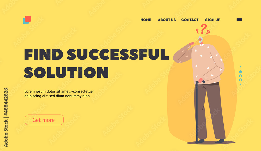 Obraz premium Find Successful Solution Landing Page Template. Confused Pensive Old Male Character with Question. Forgetful Senior Man