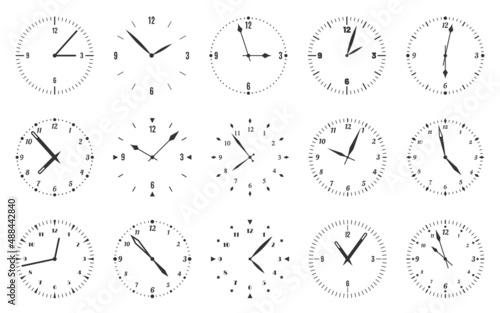 Dial clock face watch time circle black line set. Simple concept management office modern wall wrist clock classic bezel arabic numeral minute second hand measure template deadline isolated on white