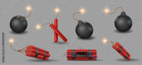 Realistic 3d bomb, tnt and dynamite sticks with burning fuse. Explosive weapon or firecrackers photo
