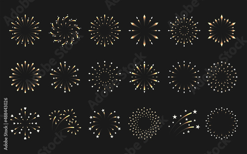 Firework sparkle holiday xmas beam gold realistic set. Simple explosion party spark star shining sign celebrate christmas newyear bday round icon. Greeting element design happy day postcard isolated