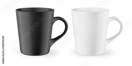 Matte mug for drinks. White and black blank realistic isolated cup. Perspective view. 3d rendering