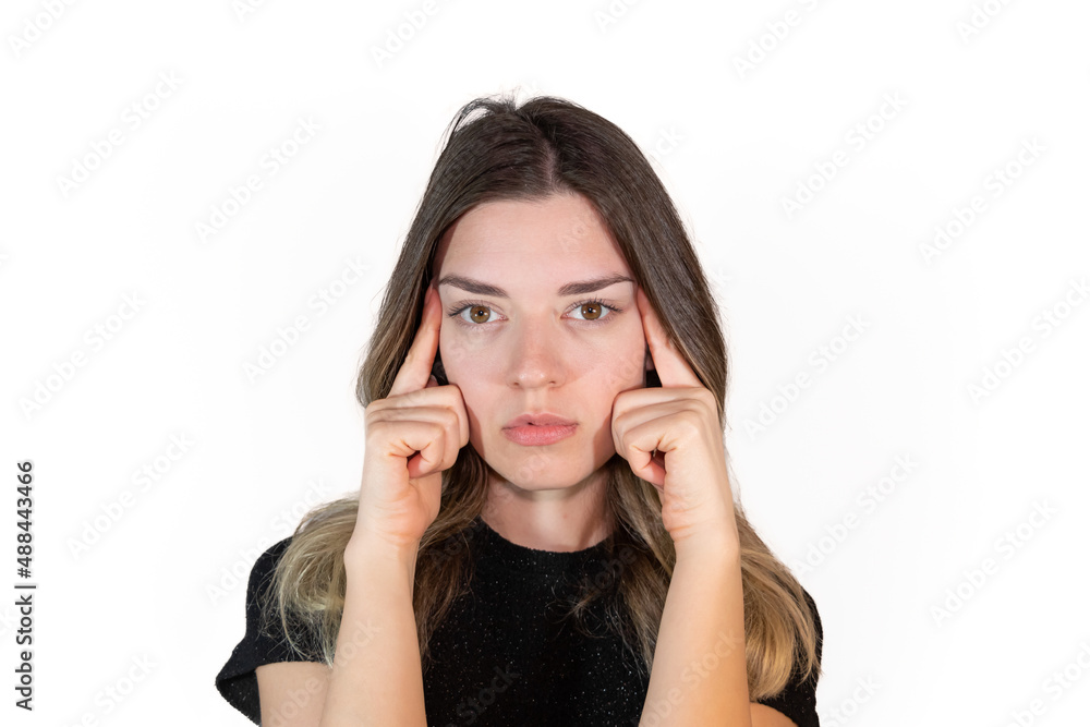Young girl wants to change her eye shape. Canthoplasty process. Surgery, operation. Facial Aesthetics. Isolated white background. Young girl wants to change her eye shape. Canthoplasty process. Surgery, operation. Facial Aesthetics. Isolated white background.