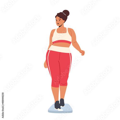 Female Character Weight Loss Concept. Plus Size Fat Woman Wear Sports Suit Stand on Scales Isolated on White Background