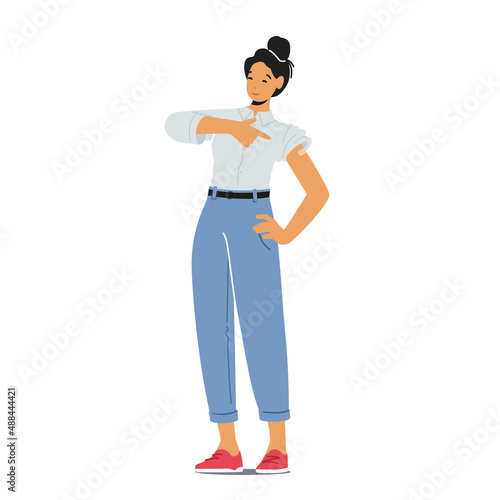 Young Positive Lady with Patch on Shoulder, Vaccinated Female Character Isolated on White Background. Woman Immunization