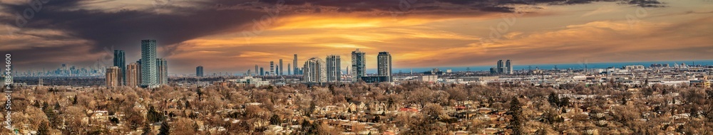 Fototapeta premium Toronto cityscape drone panorama from south Etobicoke looking at condos and homes 