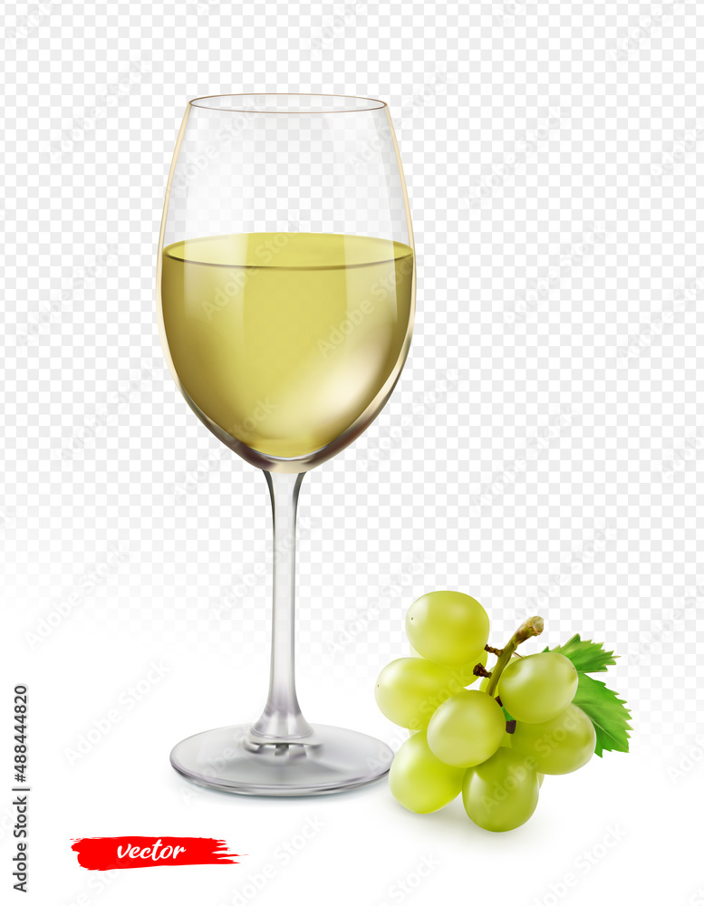 Fototapeta premium The glass of wine and grape isolated on transparent background. Realistic vector illustration.