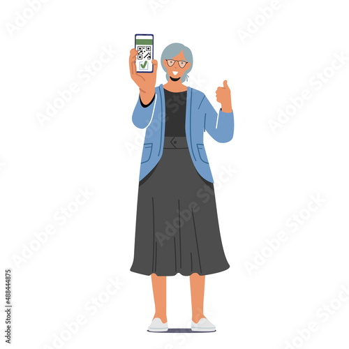 Senior Woman Show Qr Code Isolated on White Background. Elderly Female Character with Device Showing Covid Certificate