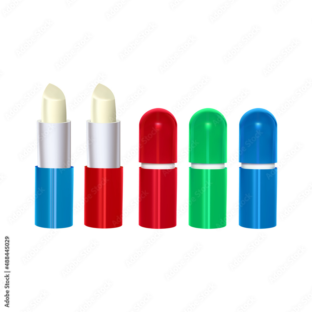 Glossy closed and opened lip balm stick or hygienic lipstick set closeup isolated on white background Glossy closed and opened lip balm stick or hygienic lipstick set closeup isolated on white background