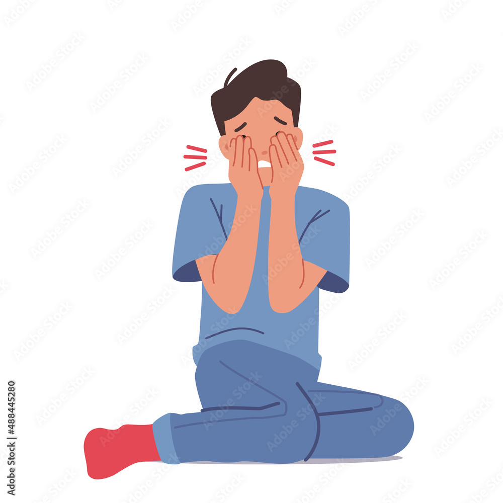 Sick Boy Sitting on Floor Cover Eyes with Hands. Kid Suffering on Ache or Pain Isolated on White Background Sick Boy Sitting on Floor Cover Eyes with Hands. Kid Suffering on Ache or Pain Isolated on White Background