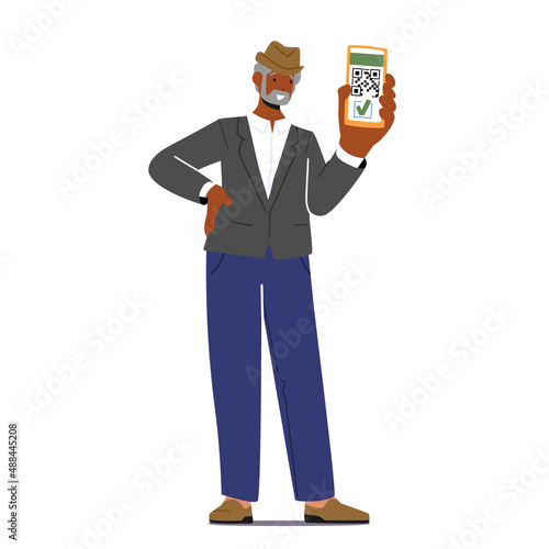 Aged African Male Character Show Qr Code of Covid-19 Vaccination Certificate on Smartphone Screen, Vaccine Passport