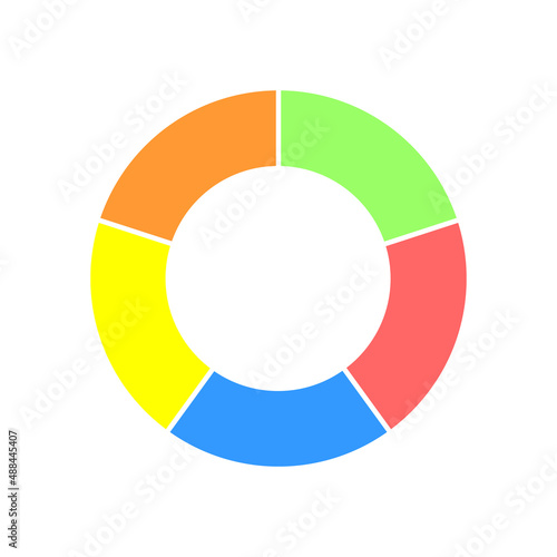 Donut chart. Colorful circle diagram segmented in 5 sections. Infographic wheel icon. Round shape cut in five equal parts isolated on white background. Vector flat illustration