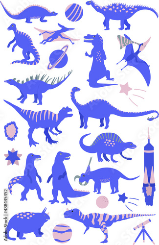 Set of vector dinosaur illustration and space stuff in colorful trendy colors. Pink, violet, very peri. Great for kids nursery products, fabric and textile. Spaceship and cute dinos for kids projects © Liudmila