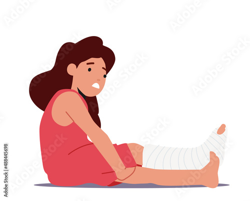 Sick Upset Girl with Broken Leg Sit on Floor, Kid Suffering of Foot Injury, Ache or Pain Isolated on White Background