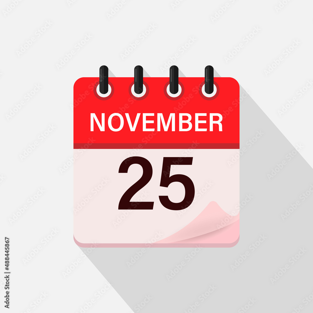November 25, Calendar icon with shadow. Day, month. Flat vector illustration. November 25, Calendar icon with shadow. Day, month. Flat vector illustration.