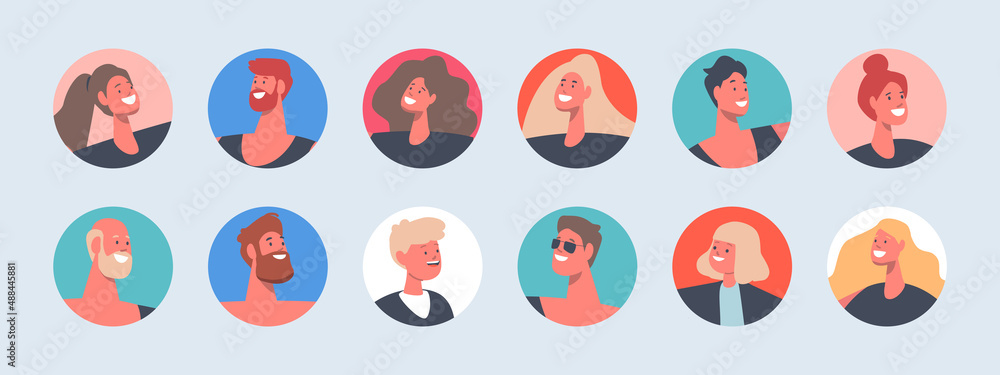 Set People Avatars, Adult and Kids Male Female Characters. Men or Women with Short and Long Hair, Blonde and Brunettes Set People Avatars, Adult and Kids Male Female Characters. Men or Women with Short and Long Hair, Blonde and Brunettes