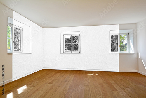 Drawing sketch with design concept of old house to new renovated construction property - Relocation concept, moving to new apartment with modern living room and wooden flooring parquet