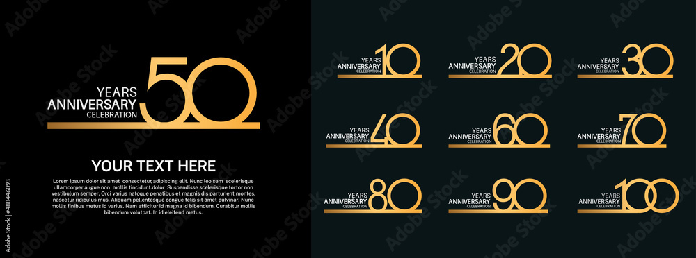 set anniversary logotype premium collection golden color line style isolated on black background - obrazy, fototapety, plakaty 