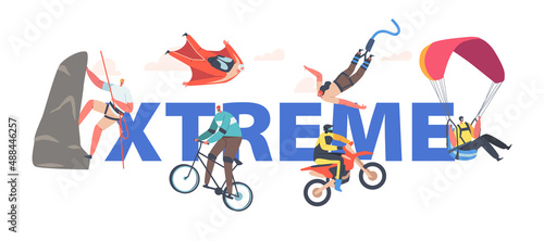 Extreme Activities and Sport Concept. Bungee Jumping, Wingsuit Flying, Off Road Biking on Bicycle, Motorcycle, Climbing