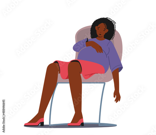 Sad Pregnant Female Character with Big Belly Sitting on Chair with Upset Face. Anxious Woman Doubt, Young Mother Support