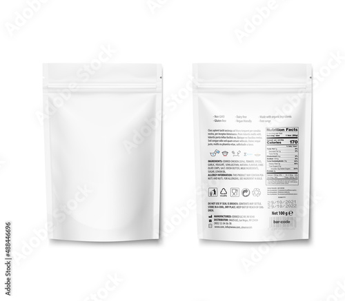 Realistic stand up pouch bag mockup isolated on white background. Vector illustration. Front and rear view. Perfect for presentation your product. EPS10.	