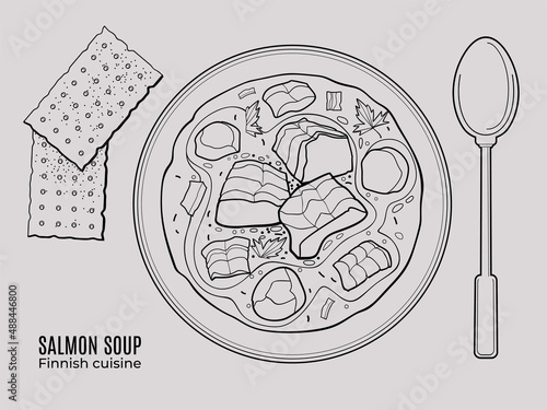 Finnish salmon soup. Top view outline doodle style illustration.