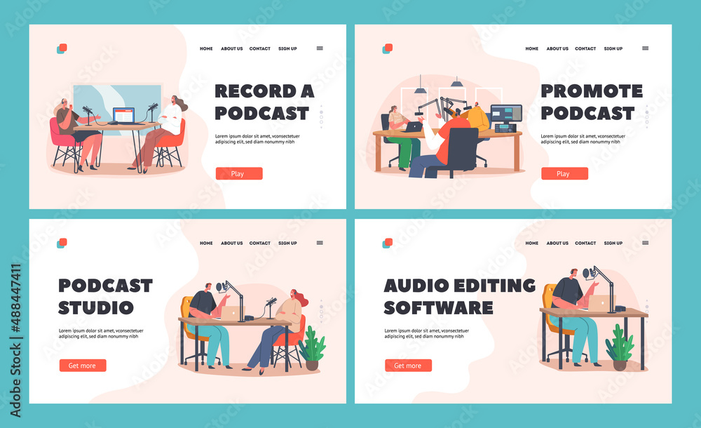 Radio Dj Characters Record Podcast in Studio Landing Page Template Set. Online Broadcasting, People Sitting with Mics Radio Dj Characters Record Podcast in Studio Landing Page Template Set. Online Broadcasting, People Sitting with Mics