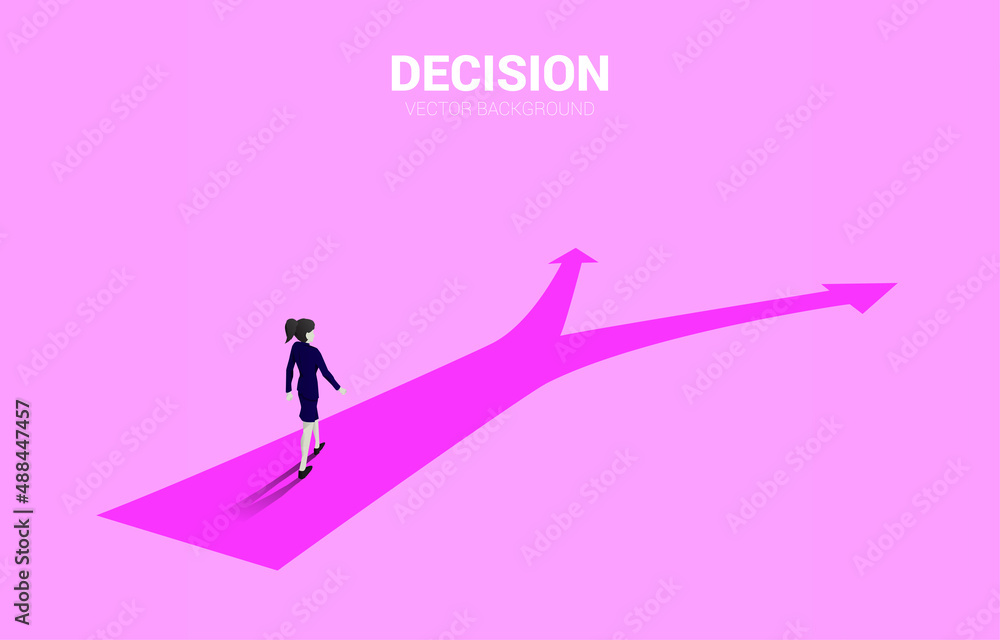 Silhouette of businesswoman walking at crossroad. Concept of time to make decision in business direction