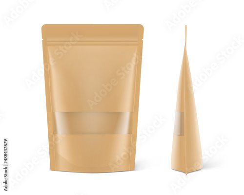 Realistic kraft pouch bag mockup isolated on white background with plastic window. Vector illustration. Perfect for the presentation of your product. EPS10.	