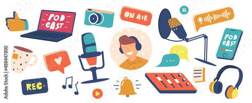 Set of Podcast Icons Laptop, Microphone, Photo Camera, Sound Track, Headphones. Record and Play Button, Music Notes