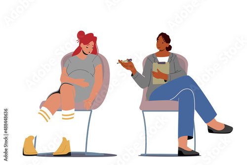 Upset Pregnant Woman with Big Belly Visiting Perinatal Courses with Psychological Support. Coach and Pregnant Female