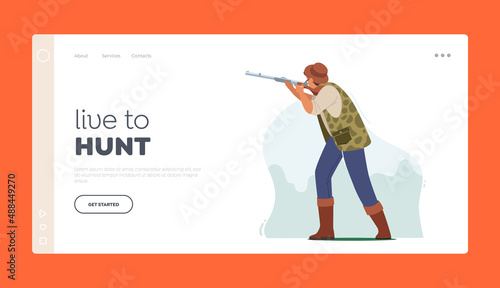 Hunting Landing Page Template. Hunter Male Character Wear Camouflage Aiming with Weapon in Bird or Animal, Man Shoot