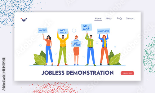 Jobless Demonstration Landing Page Template. Unemployment after Pandemic Concept, Business Characters Holding Signboards