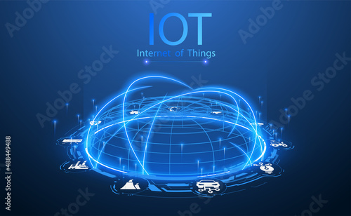 landing page IoT. Industry, Internet of Things devices and connectivity concepts on a network. Spider web of network connections with on a futuristic blue background. Vector illustration