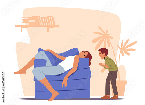 Tired Mother Sleeping on Armchair at Home with Child Yelling. Parent with Hyperactive Kid, Sleepy Mom Character Fatigue
