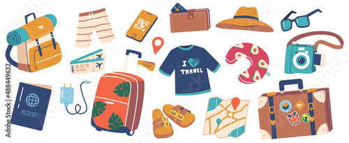 Set Icons with Traveler Items Backpack, Swimming Shorts, Smartphone with Qr Code, Passport, Suitcase and Mobile Charger