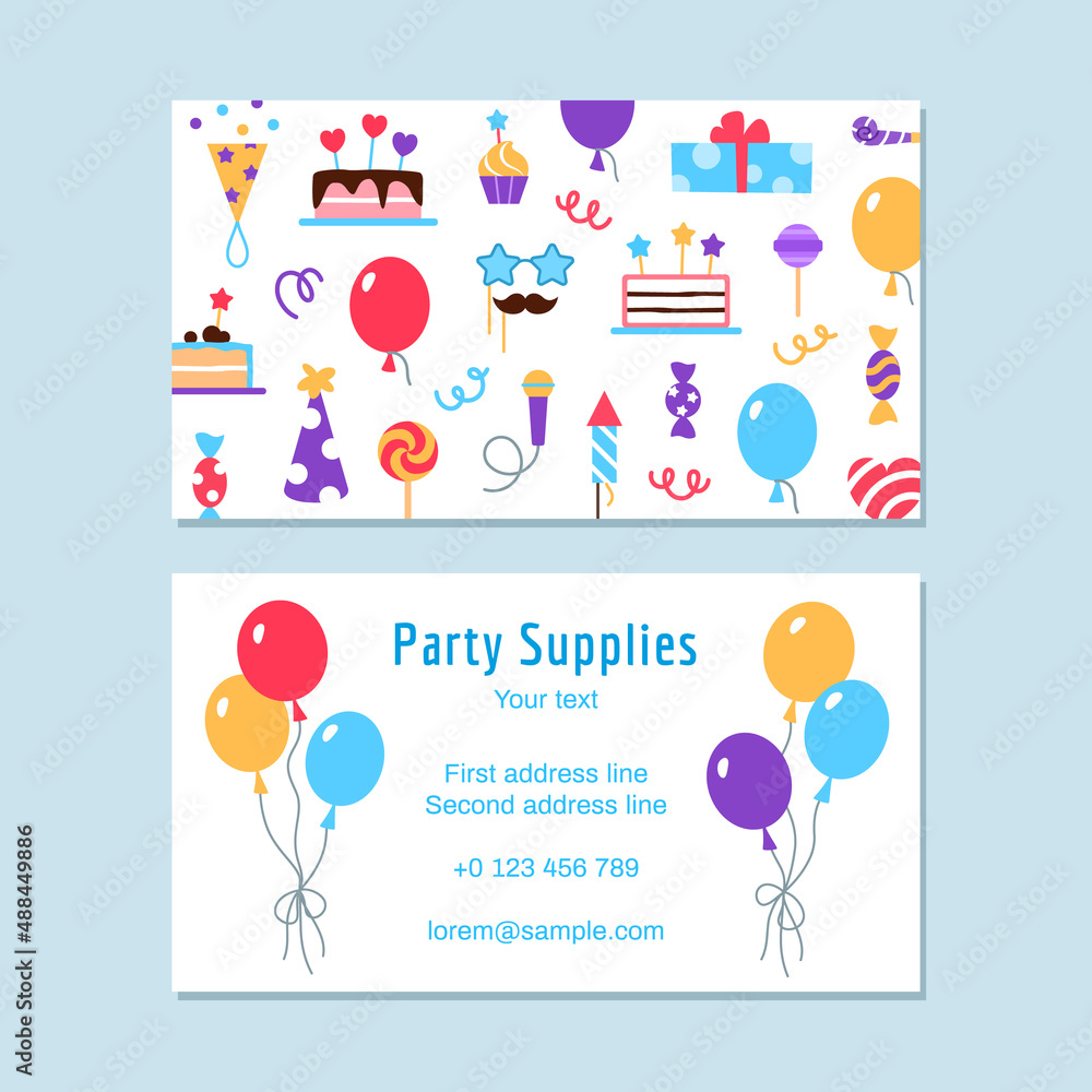 Party supplies business card template. Event service visit card design. Bright colorful celebrating flat elements for birthday carnival festival. Fun cake mask balloon hat rocket vector illustration. Party supplies business card template. Event service visit card design. Bright colorful celebrating flat elements for birthday carnival festival. Fun cake mask balloon hat rocket vector illustration.