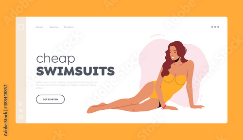 Cheap Swimsuits Landing Page Template. Woman Posing in Yellow One-piece Swimwear, Sexy Female Sitting on Beach